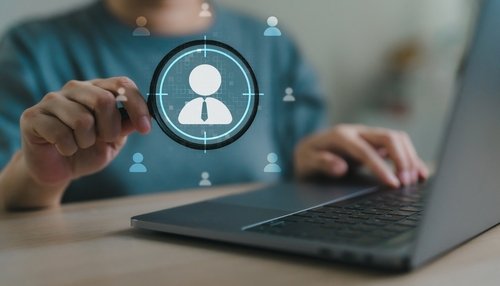 Candidate Sourcing service icon – profile document with arrow and checkmark